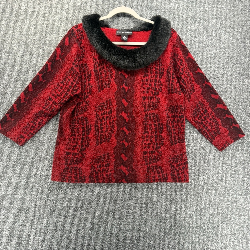 Norton Mcnaughton Sweater Womens XL Red Snake Print Fur Trimmed Cocktail Casual